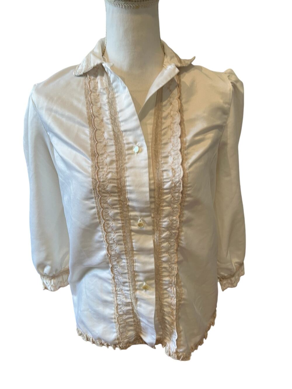 Vintage 70s Bert Yelin for Iris Ruffled Lace Front Poets Blouse White